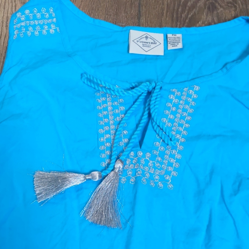 St John's Bay sleeveless tank vibrant blue tassle tie embroidered detail Medium - Picture 2 of 4